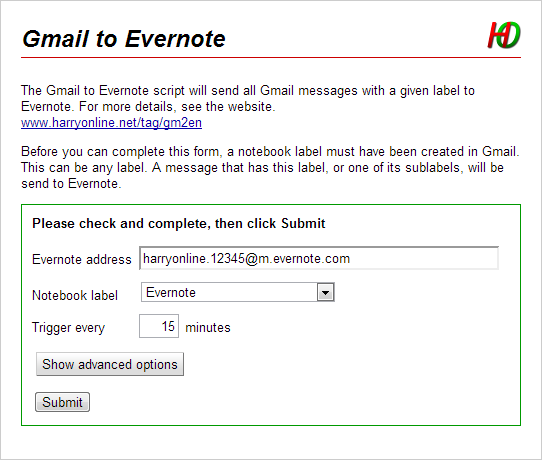 Web interface Gmail to Evernote